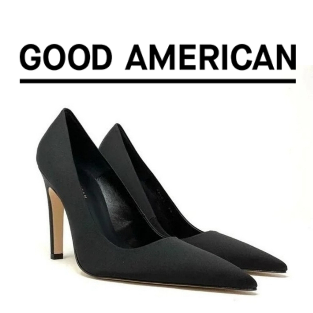 GOOD AMERICAN 🖤 The Icon Pointed Toe Pump - Black Satin - Size 9 - Picture 4 of 7